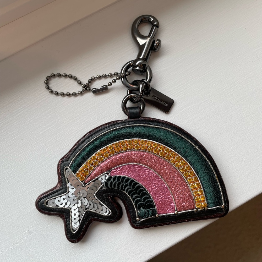 COACH Crystal Sequin Embellished Shooting Star Rainbow Keychain Bag Charm Fob